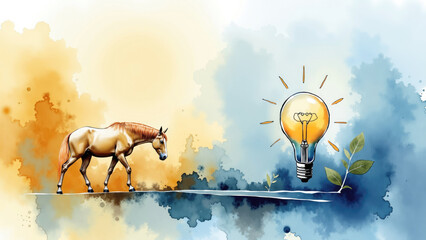 Horse walking away from glowing lightbulb on watercolor background