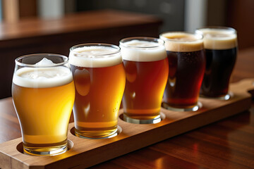 Five glasses of microbrew craft beer tasting flight on wooden tray