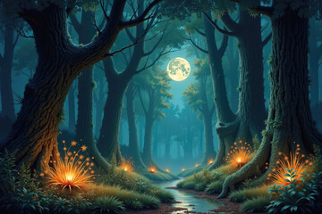 Magical forest river flowing under the moon light with glowing flora