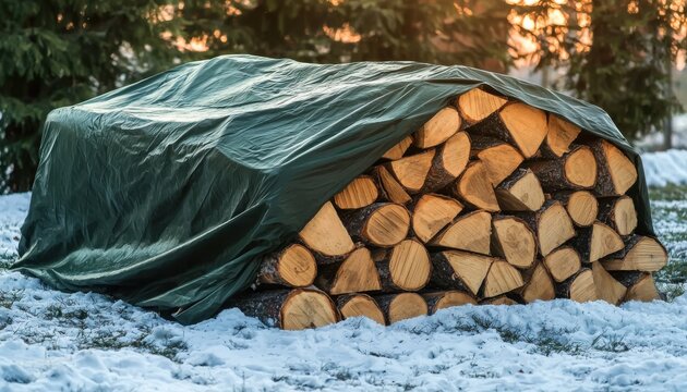 A woodpile covered with a green tarp sits in a snowy landscape, protecting the logs from the elements.