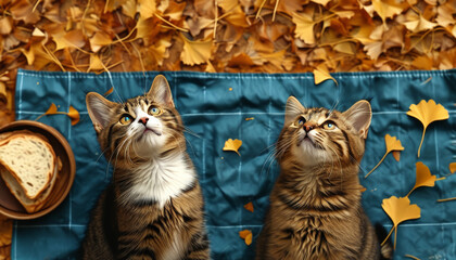 Cute kittens enjoying an autumn picnic on a blanket, gazing upwards