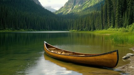 Obraz premium Wooden Canoe Moored at a Serene Lake Surrounded by Evergreen Trees and Mountains
