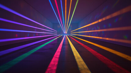 Laser Light Show: A mesmerizing display of colorful laser beams fills a dark room, creating an abstract and futuristic scene. The lines converge in the distance.