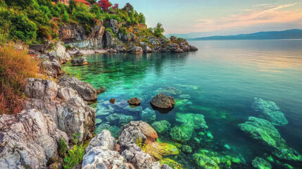 Serene Coastal Haven: A picturesque scene of a secluded bay with crystal-clear turquoise waters and a tranquil, picturesque village nestled on the cliffside.