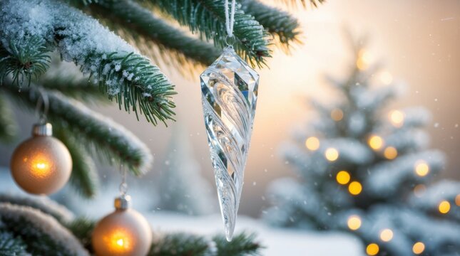 A shimmering icicle ornament hanging from a frosted Christmas tree.