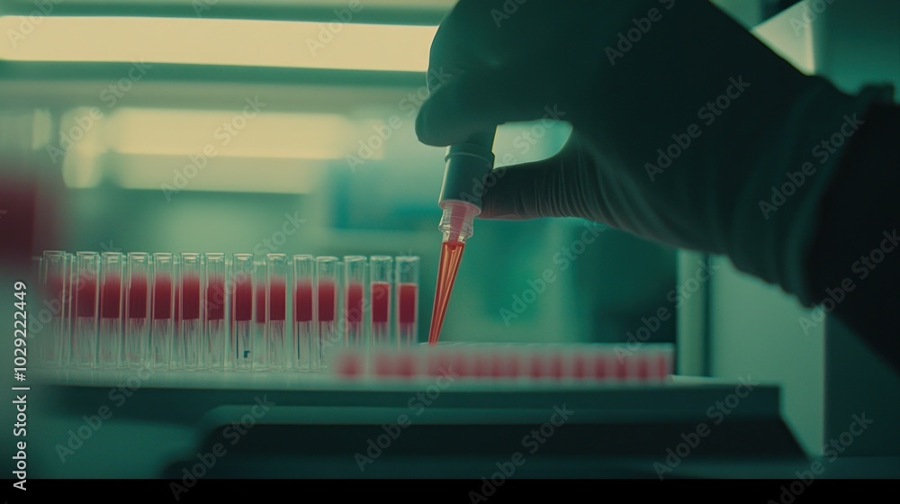 Poster a gloved hand using a pipette to add liquid to test tubes