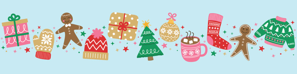 Colourful Christmas banner with cute hand drawn elements. Christmas tree, ball, present, sock, cookie, cup, hat, gloves. Vector illustration