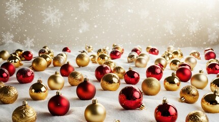 A set of gold and red Christmas baubles, scattered on a snowy ground.