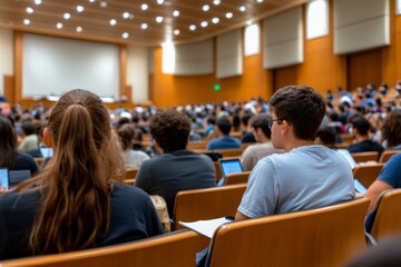 Fototapeta premium A vibrant college lecture hall during an engaging class session filled with attentive students