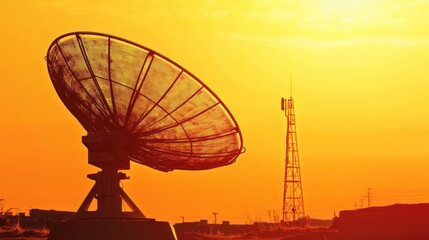 Silhouette of a Satellite Dish and a Communication Tower at Sunset
