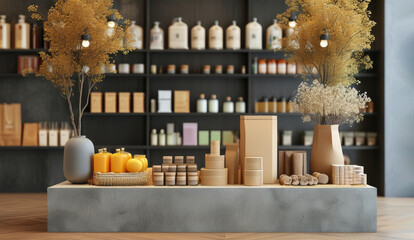 Cosmetics on a minimalist display podium in a beige perfume store environment
