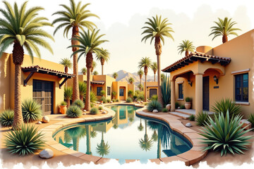 Fototapeta premium Palm trees reflecting in swimming pool of luxurious tropical villa
