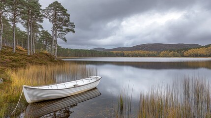 Obraz premium A Small Rowboat Moored at the Edge of a Calm, Tranquil Lake