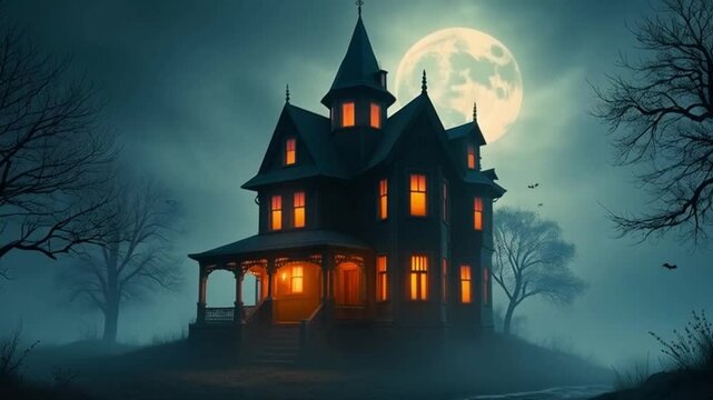 Happy Night Halloween Background With Haunted House, Bats, moon, halloween day and looping animation background 4k