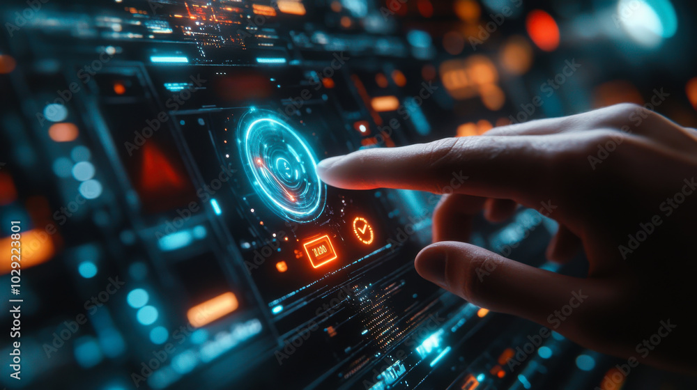 Poster exploring a futuristic touchscreen interface with glowing elements and a hand navigating intricate d