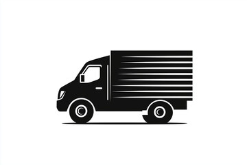 Black and white vector icon of a delivery truck with motion lines on a simple background,