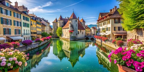 Fototapeta premium Stunning View of Annecy Castle and Thiou Canal in Haute-Savoie, France – A Scenic Gem