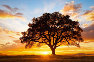 Fototapeta premium Big Oak Tree At Sunset