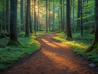 Fototapeta premium Sunlit Forest Pathway, a serene trail meandering through towering trees, dappled light creating a peaceful atmosphere, inviting exploration