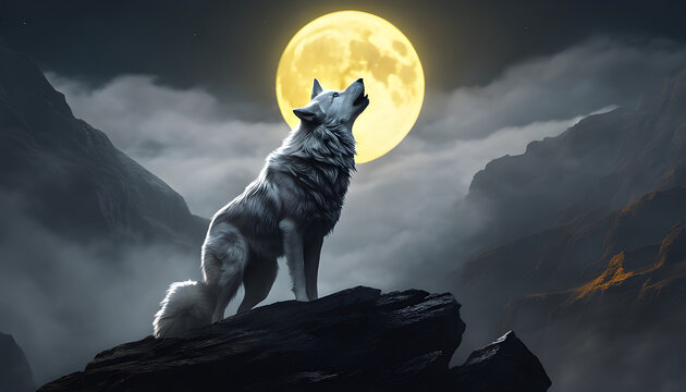 A wolf wearing a white ghost cloak, with long sharp fangs and glowing yellow eyes, stands howling on a cliff, its shadow clearly visible in the light of the full moon.