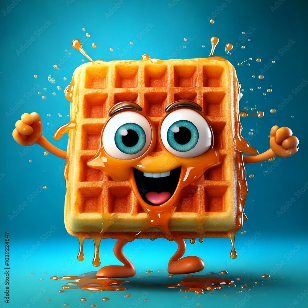 Sticker Cute Cartoon Happy Dancing Waffle with Syrup Character with Big Eyes