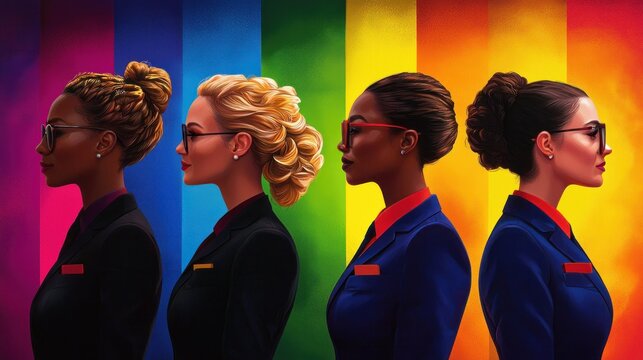 Create a side view illustration of a diverse group of non-binary professionals running a women-owned business, Render in a sleek, modern digital art style