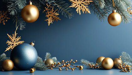 Modern Christmas background with matte blue and gold decorations for modern designs
