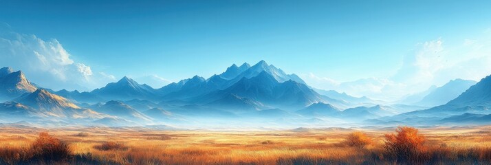 Obraz premium Distant Mountain Range Under Clear Skies, Majestic Peaks Rising Against a Blue Horizon, Inviting Serenity and Adventure