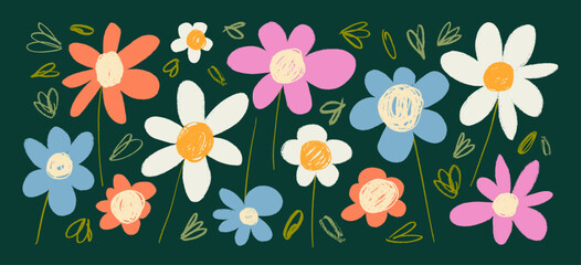 Multi colored crayon drawn chamomile and daisies collection. Hand drawn botanical doodles. Flower silhouettes with rough pencil strokes. Vector graphic retro illustration. Funky naive flowers.