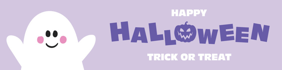 Happy Halloween. Banner with cute ghost. Vector illustration