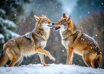 Obraz premium Candid Winter Interaction of Coyotes (Canis latrans) in Nature