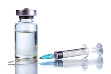 Fisheye Vaccine vial bottle and syringe isolated on white background with copy space