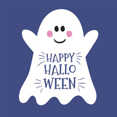 Halloween card with cute spooky ghost. Vector illustration