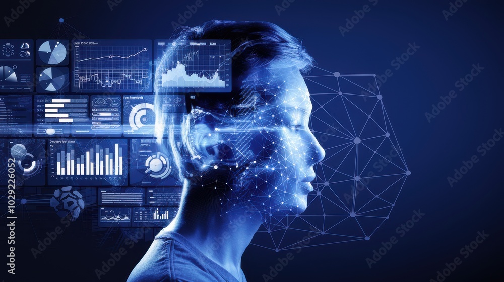 Aufkleber profile view of a person with digital data interfaces and blue tones.