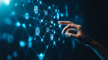 A person interacting with a digital health interface featuring various health metrics and data visualizations in a futuristic setting
