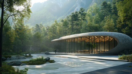 A modern, curved building with glass walls stands in a serene forest setting, sunlight streaming through the trees and reflecting off the water features.