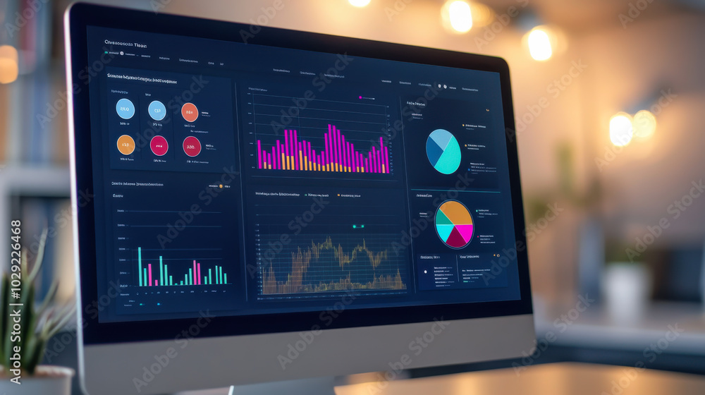 Poster analytical dashboard display showcasing colorful graphs and statistics in a modern office setting du