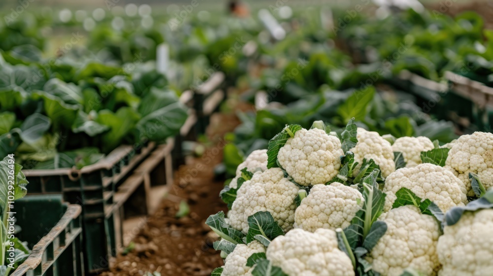 Wall mural Ripe White Cauliflower Heads in a Vegetable Patch