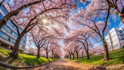 Fisheye view of cherry blossom path leading to building