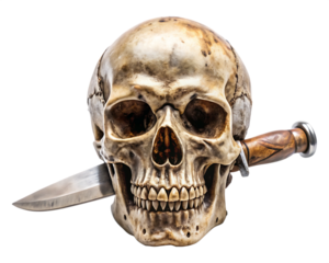 Skull Stabbed with vintage knife isolated on white background as transparent. PNG. AI GENERATED.