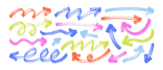 Bold brush drawn curved and wavy arrows. Multi colored doodle marker thick arrows in different directions.