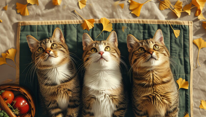 Cute kittens enjoying an autumn picnic on a blanket, gazing upwards