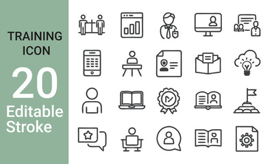 Training web icons in line style. Education, seminar, online test, webinar, course, distance learning collection. Vector illustration.