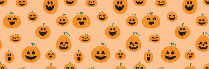 Cute Halloween background with hand drawn pumpkins. Seamless pattern. Banner. Vector illustration