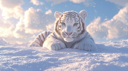 Majestic white tiger resting in the snow