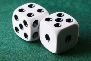 Two white dice showing different numbers on a green surface, commonly used in games of chance.