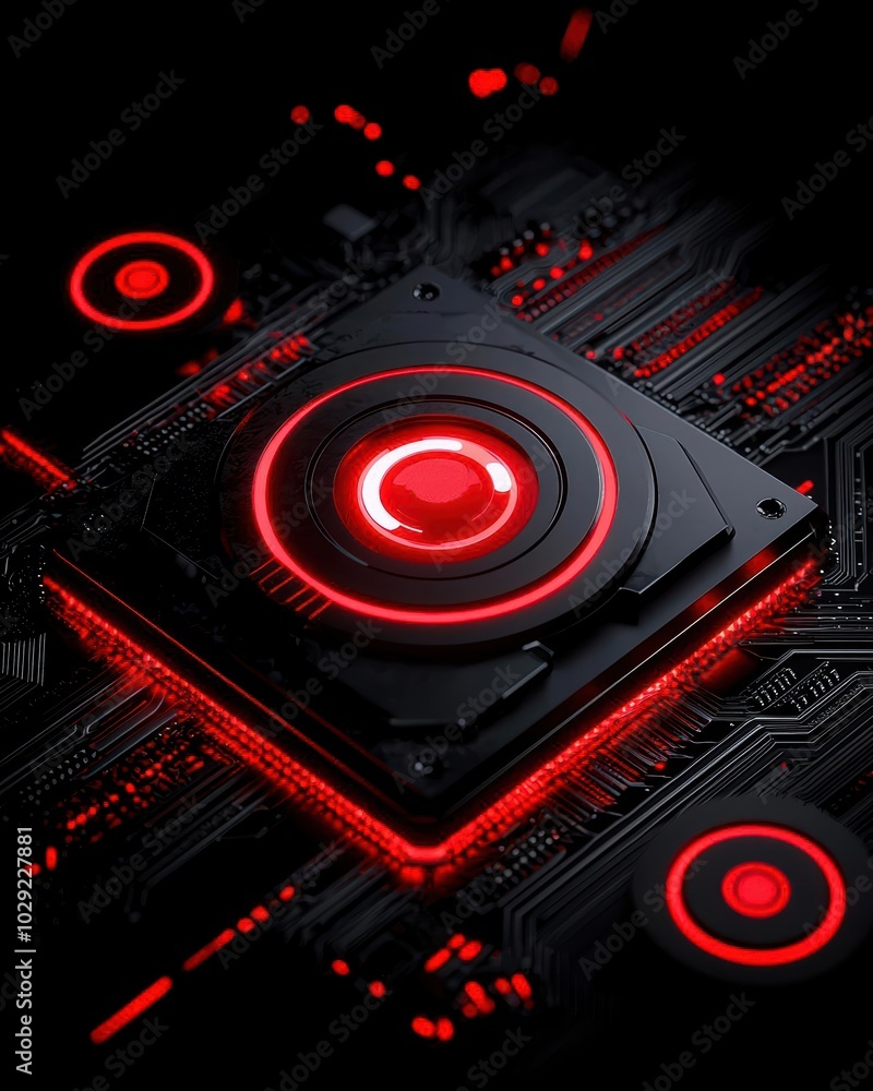 Poster abstract red circuitry design with glowing elements on a dark background.