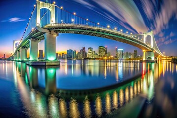 Fototapeta premium Fisheye view of rainbow bridge illuminated by white light at night in Tokyo