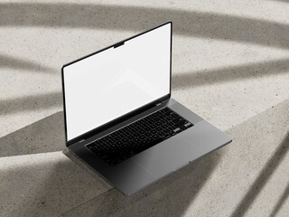 Laptop mockup on concrete block with shadow overlay