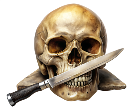 Skull Stabbed with vintage knife isolated on white background as transparent. PNG. AI GENERATED.
